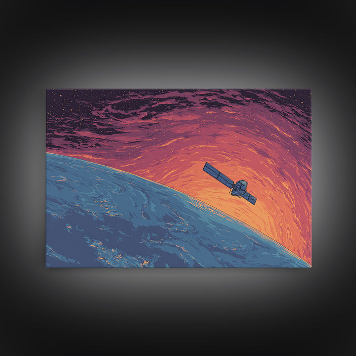 Satellite Over Blue Planet At Sunset, Retro Sci Fi Wall Art, Midcentury Modern Art Print, Space Poster For Home Office Decor