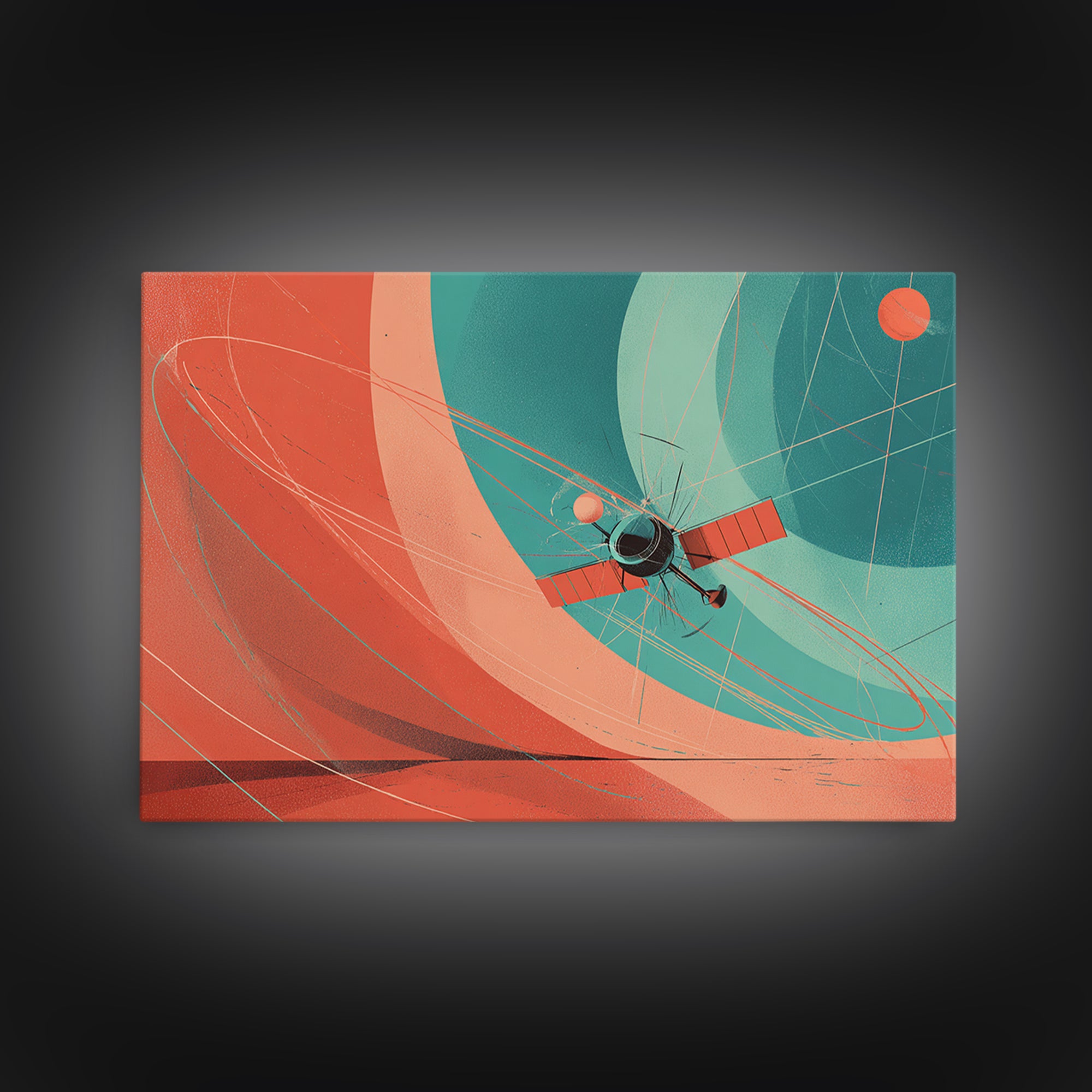 Abstract Satellite Orbit With Coral Teal Planets, Canvas Print, Midcentury Modern Wall Art, Geometric Space Poster Decor