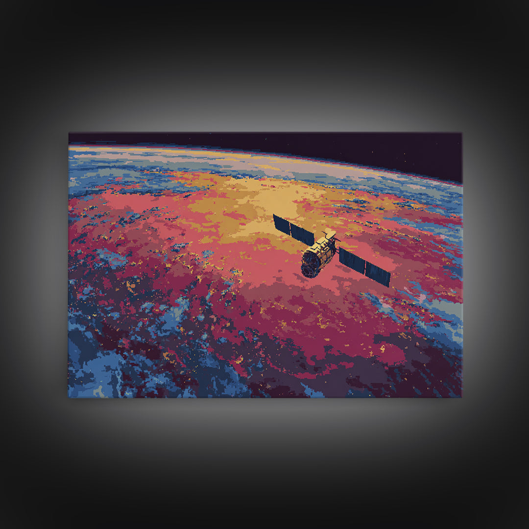 Colorful Satellite Above Pink Blue Earth, Midcentury Modern Wall Art, Retro Sci Fi Poster, Large Canvas Print For Office