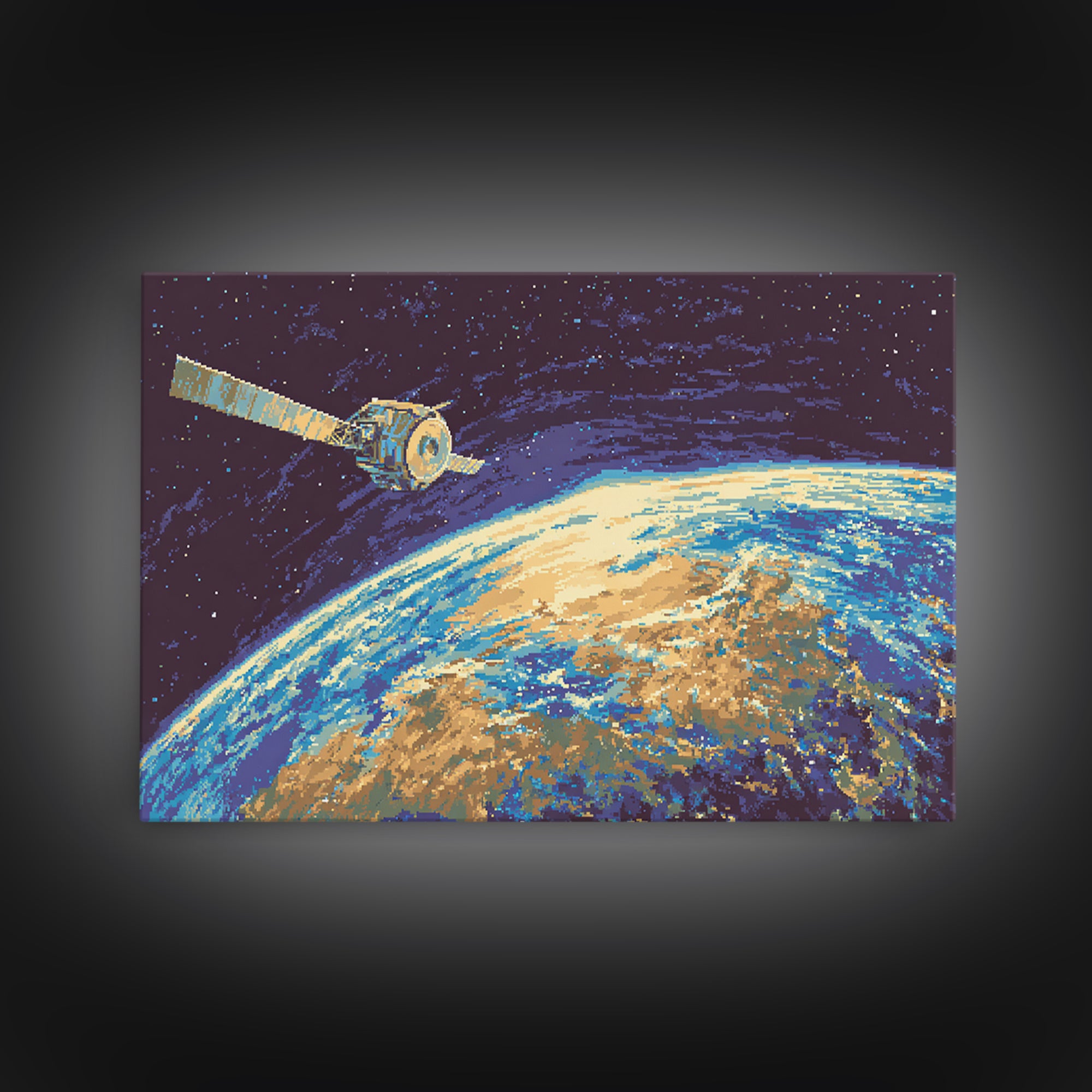 Satellite Over Earth With Stars, Midcentury Modern Wall Art, Retro Sci Fi Space Poster, Blue Canvas Print For Office Decor