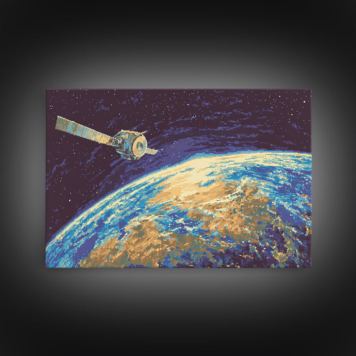 Satellite Over Earth With Stars, Midcentury Modern Wall Art, Retro Sci Fi Space Poster, Blue Canvas Print For Office Decor