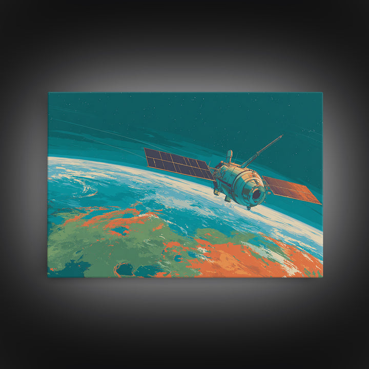 Teal Satellite Above Earth Horizon, Canvas Print, Midcentury Modern Wall Art, Retro Space Poster, Modern Home Office Decor