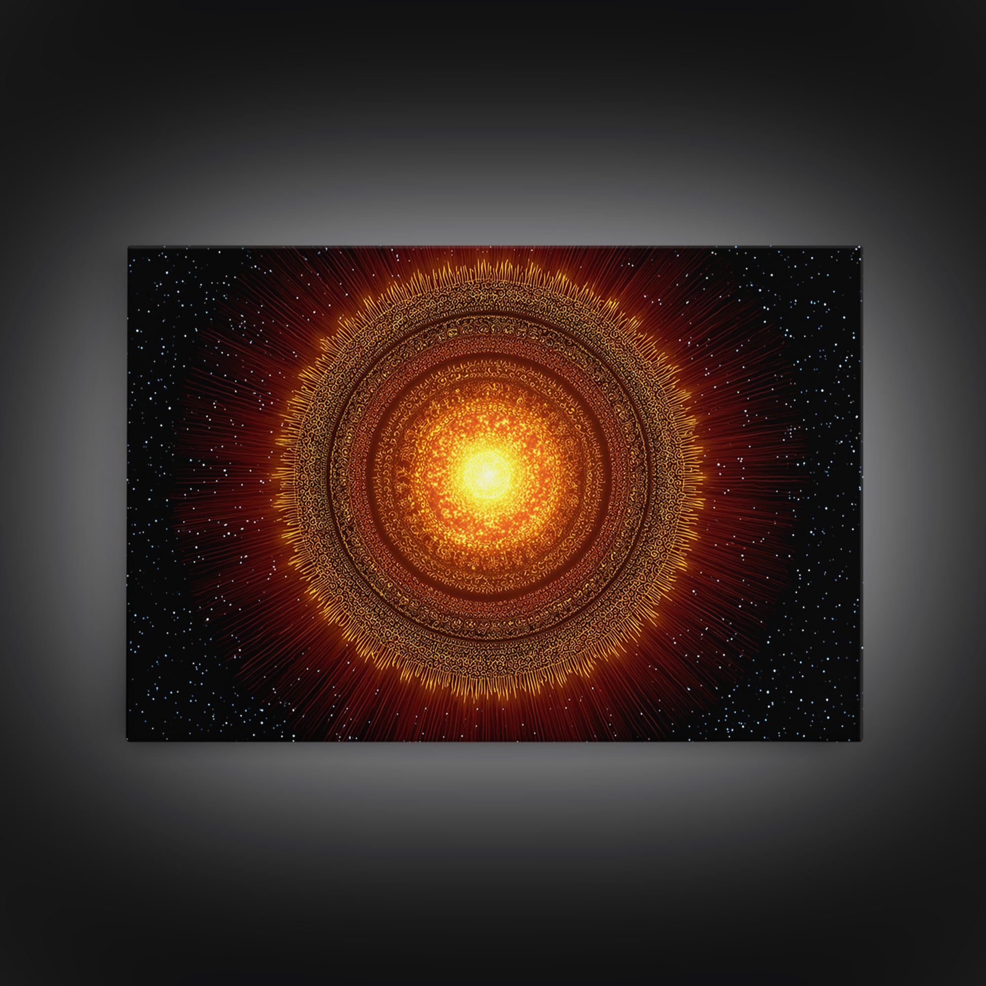 Radiant Orange Sun Star Mandala In Space, Midcentury Modern Wall Art, Cosmic Abstract Canvas Print, Spiritual Decor For Living Room