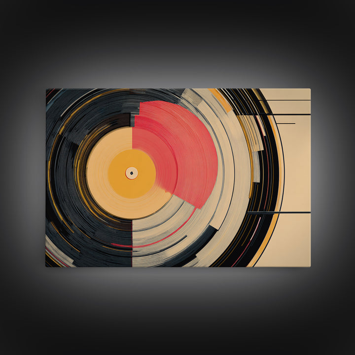 Coral And Gold Vinyl Circles Framed Canvas Print, Mid Century Modern Wall Decor, Abstract Record Art, Bold MCM Home Art Poster