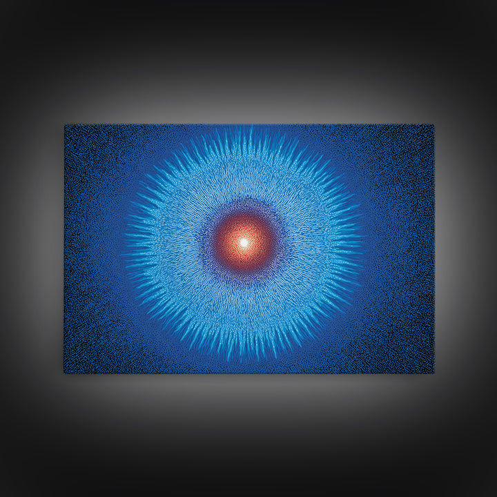 Electric Blue Cosmic Sun Burst, Abstract Wall Art, Midcentury Modern Canvas Print, Space Poster For Modern Home Office Decor