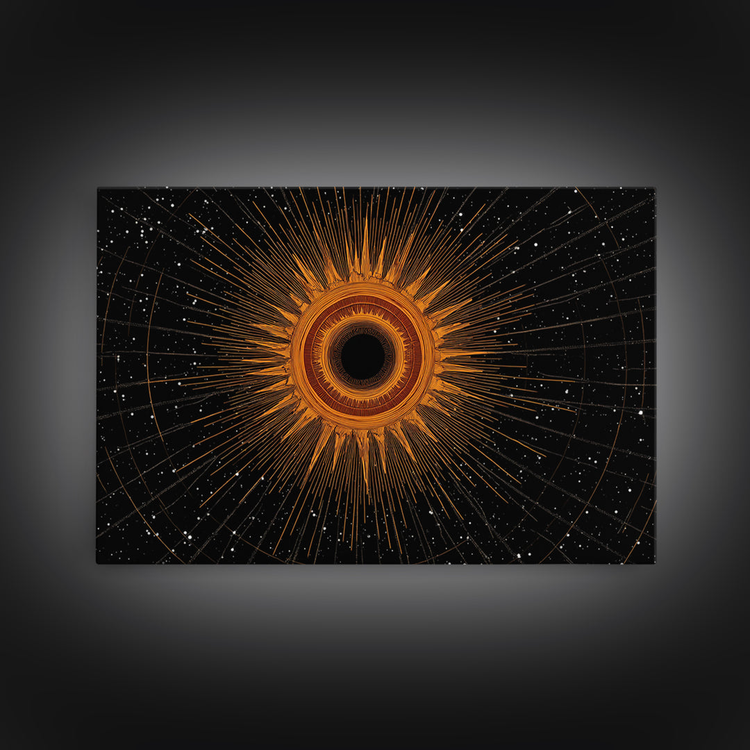 Orange Eclipse Starburst In Black Space Wall Art, Midcentury Modern Art Print, Atomic Retro Decor, Cosmic Abstract Poster