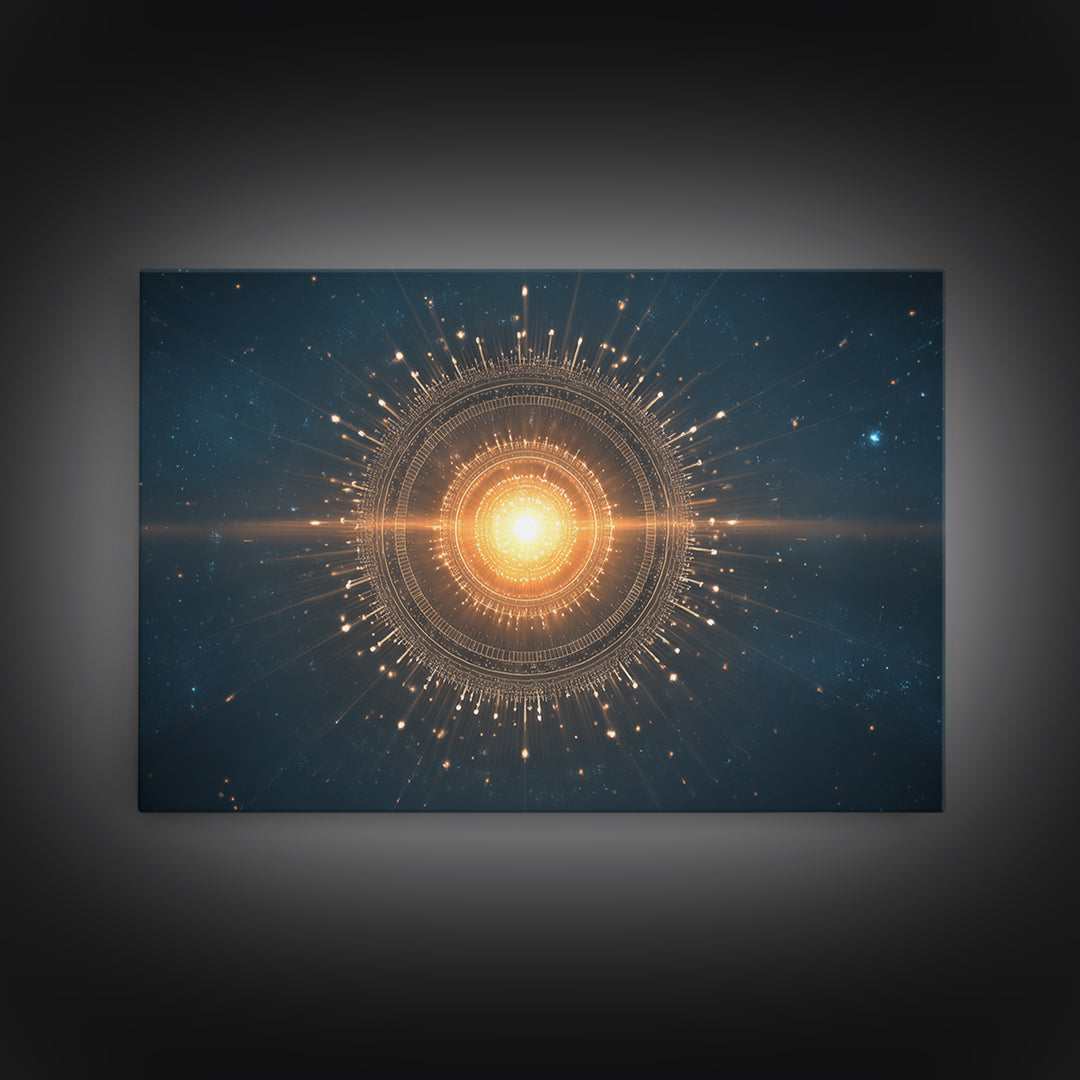 Glowing Golden Sun Mandala In Deep Space Canvas Print, Modern Abstract Art, Celestial Wall Decor, Midcentury Cosmic Poster