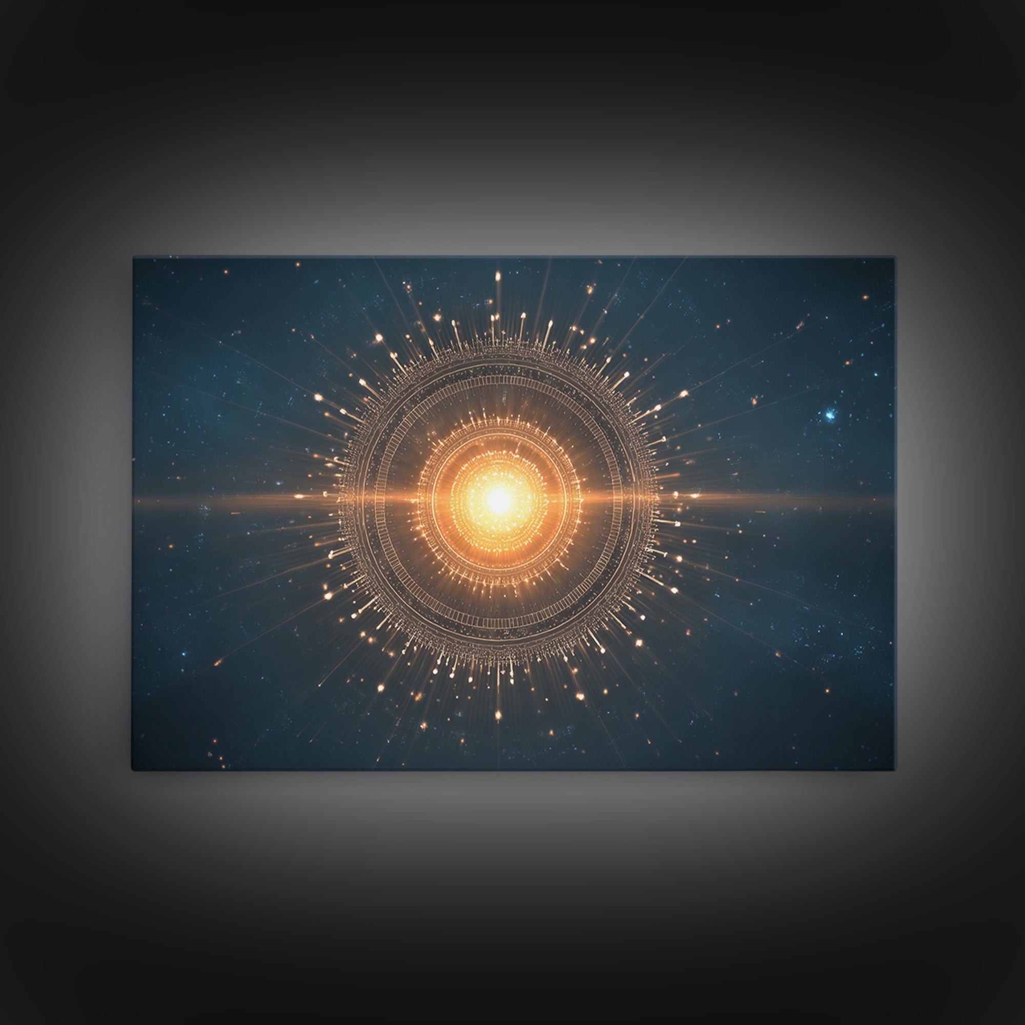 Glowing Golden Sun Mandala In Deep Space Canvas Print, Modern Abstract Art, Celestial Wall Decor, Midcentury Cosmic Poster
