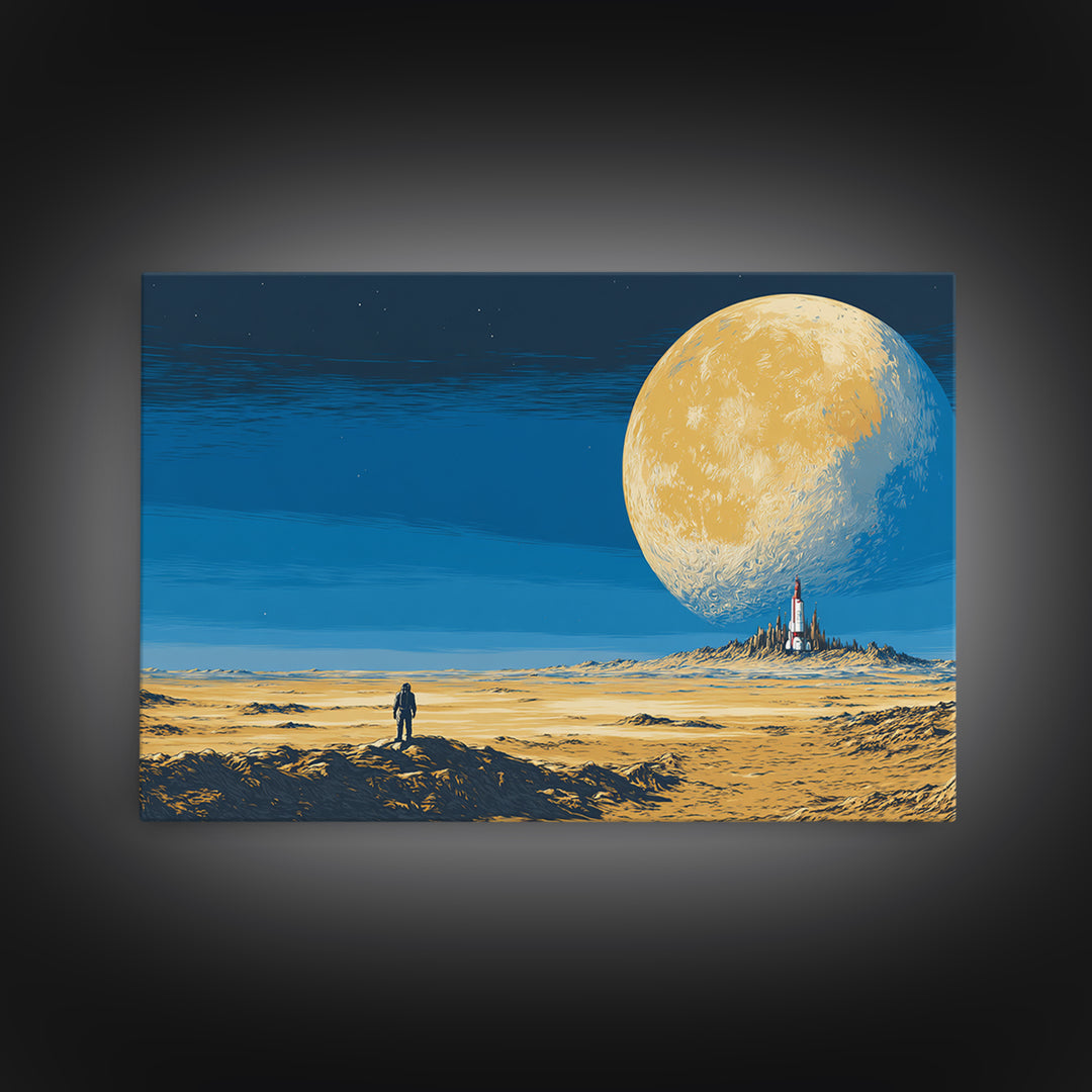 Lone Astronaut On Golden Moon Desert Wall Art, Retro Sci Fi Landscape Poster, Midcentury Modern Space Decor, Blue Yellow Print