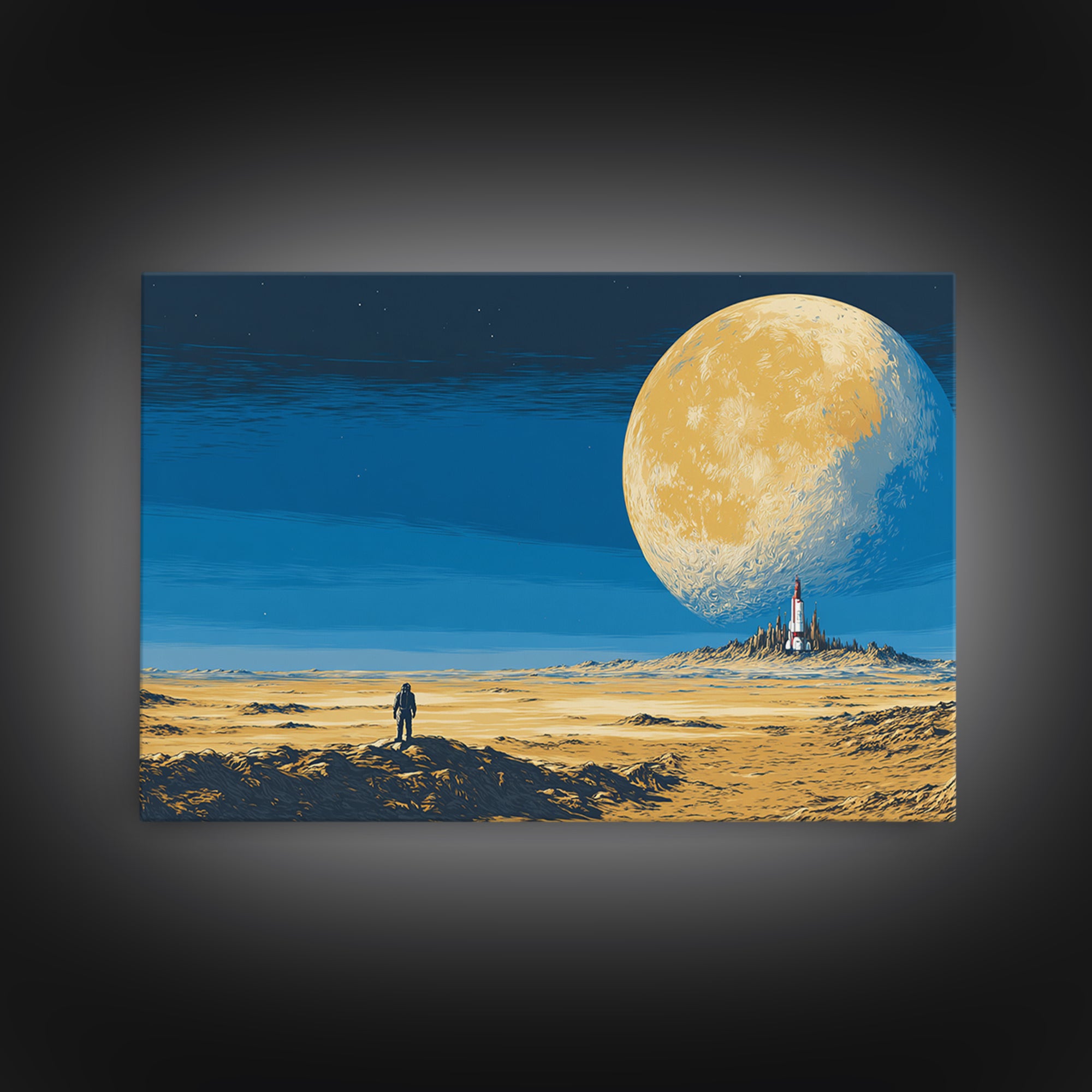Lone Astronaut On Golden Moon Desert Wall Art, Retro Sci Fi Landscape Poster, Midcentury Modern Space Decor, Blue Yellow Print