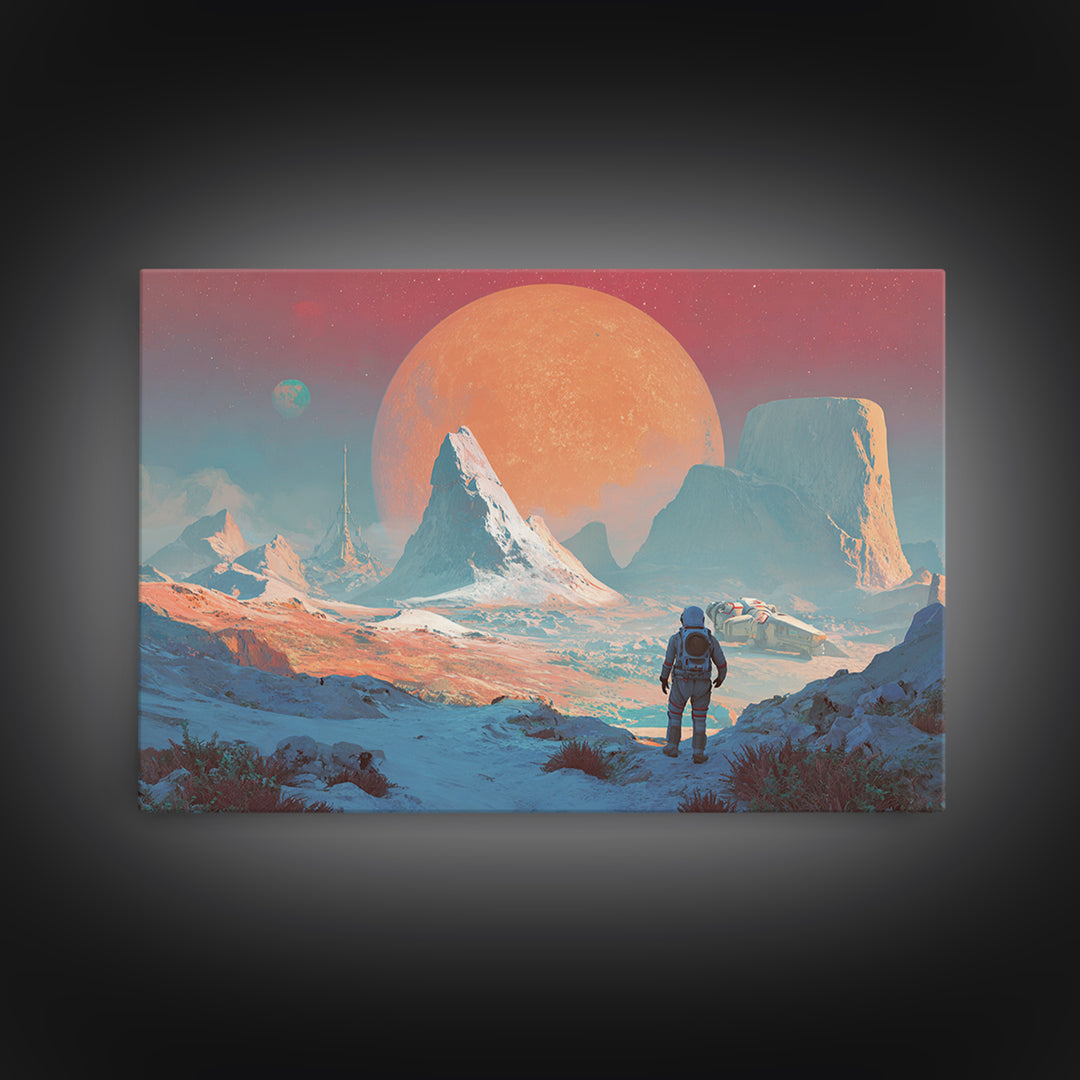 Pastel Astronaut Alien Planet Mountain Framed Canvas Print, Modern Sci Fi Wall Art, Pink Blue Landscape, Retro Space Decor