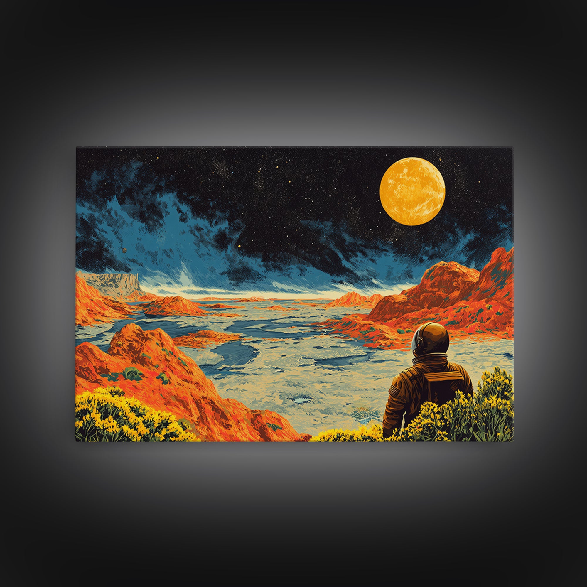 Astronaut On Orange Lunar Desert Wall Art, Retro Sci Fi Moon Poster, Midcentury Modern Art Print, Bold Space Landscape Decor