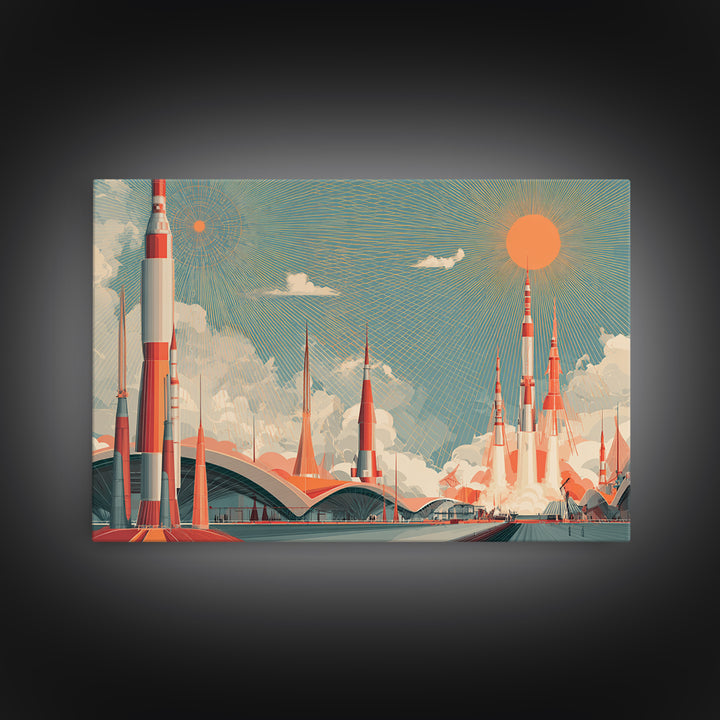 Retro Rocket City Launch With Orange Sun Wall Art, Midcentury Modern Space Poster, Atomic Architecture Decor, Teal Print