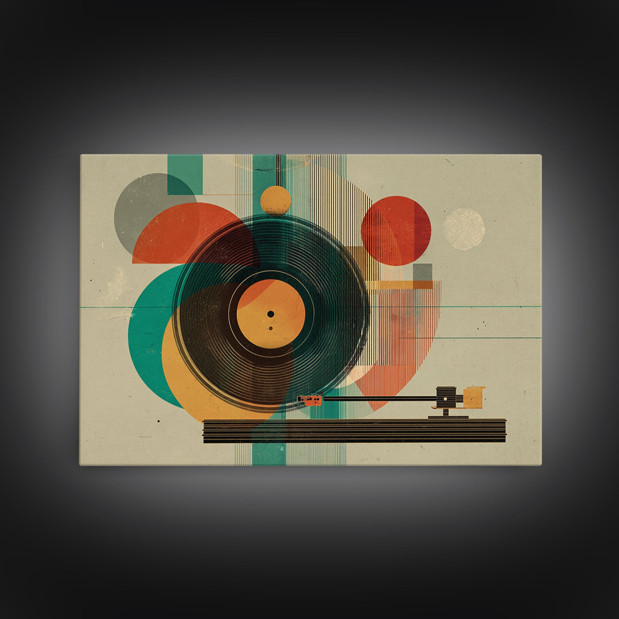 Teal Orange Geometric Turntable Wall Art, Mid Century Modern Record Player Decor, Abstract Music Poster, Retro MCM Print