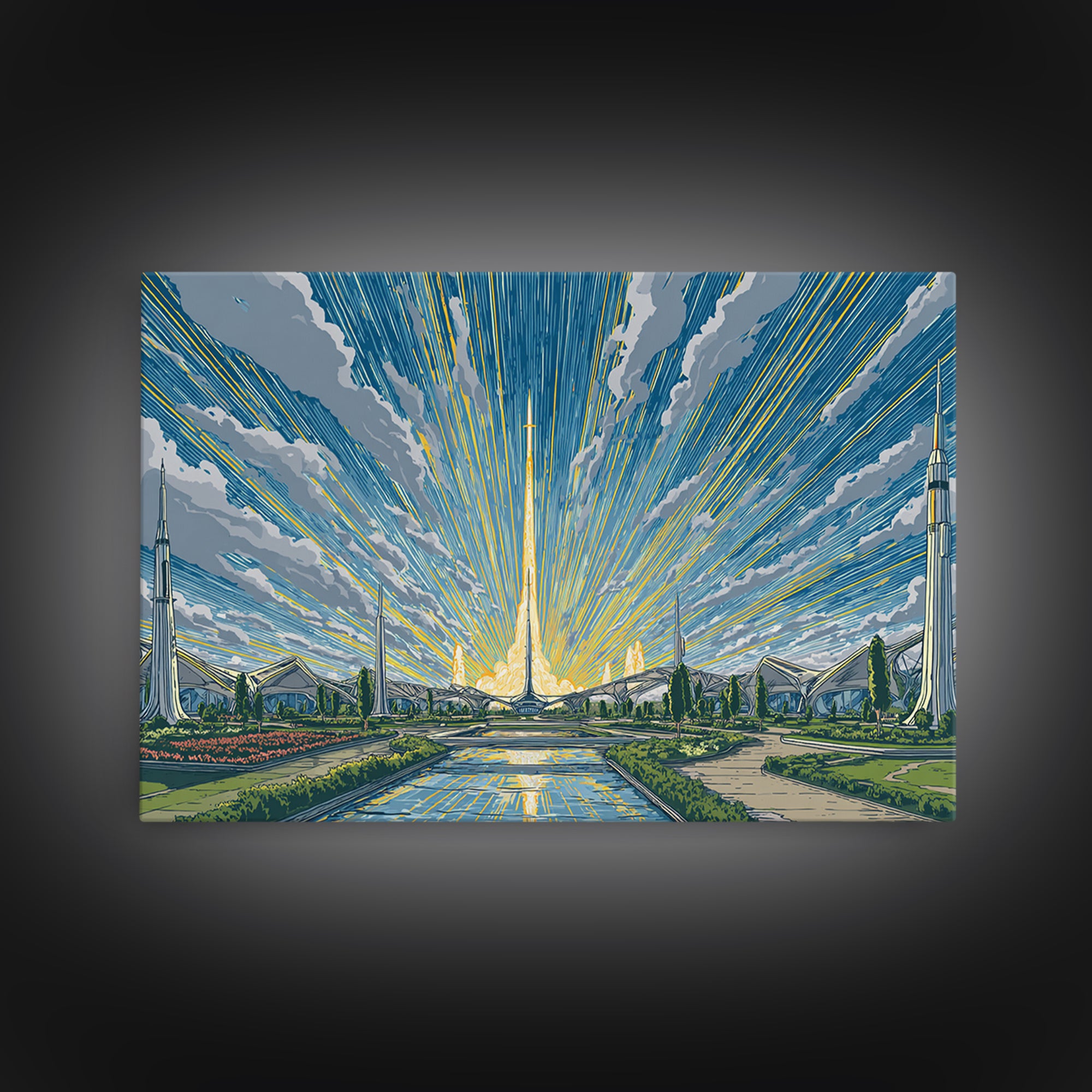 Futuristic Rocket Skyline At Sunrise Framed Canvas Print, Midcentury Modern Wall Art, Atomic City Poster, Blue Yellow Decor