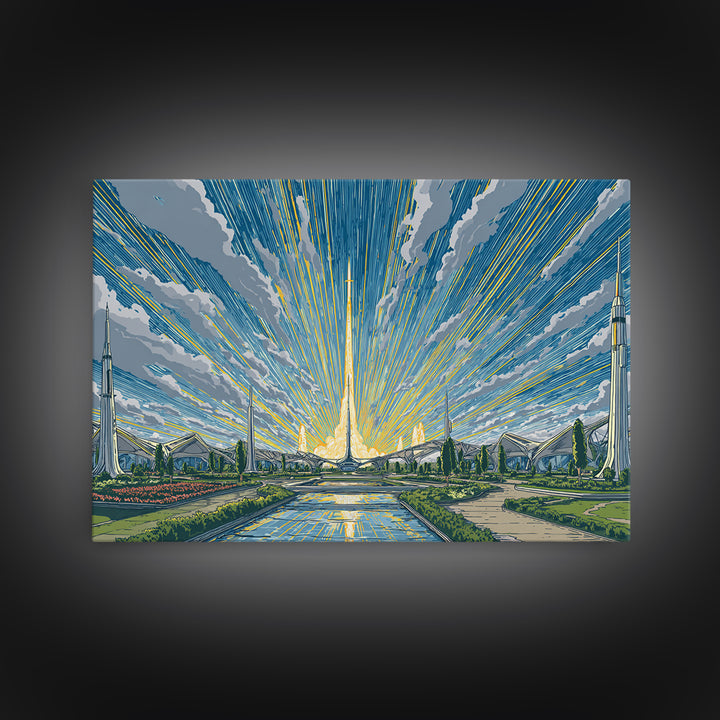 Futuristic Rocket Skyline At Sunrise Framed Canvas Print, Midcentury Modern Wall Art, Atomic City Poster, Blue Yellow Decor