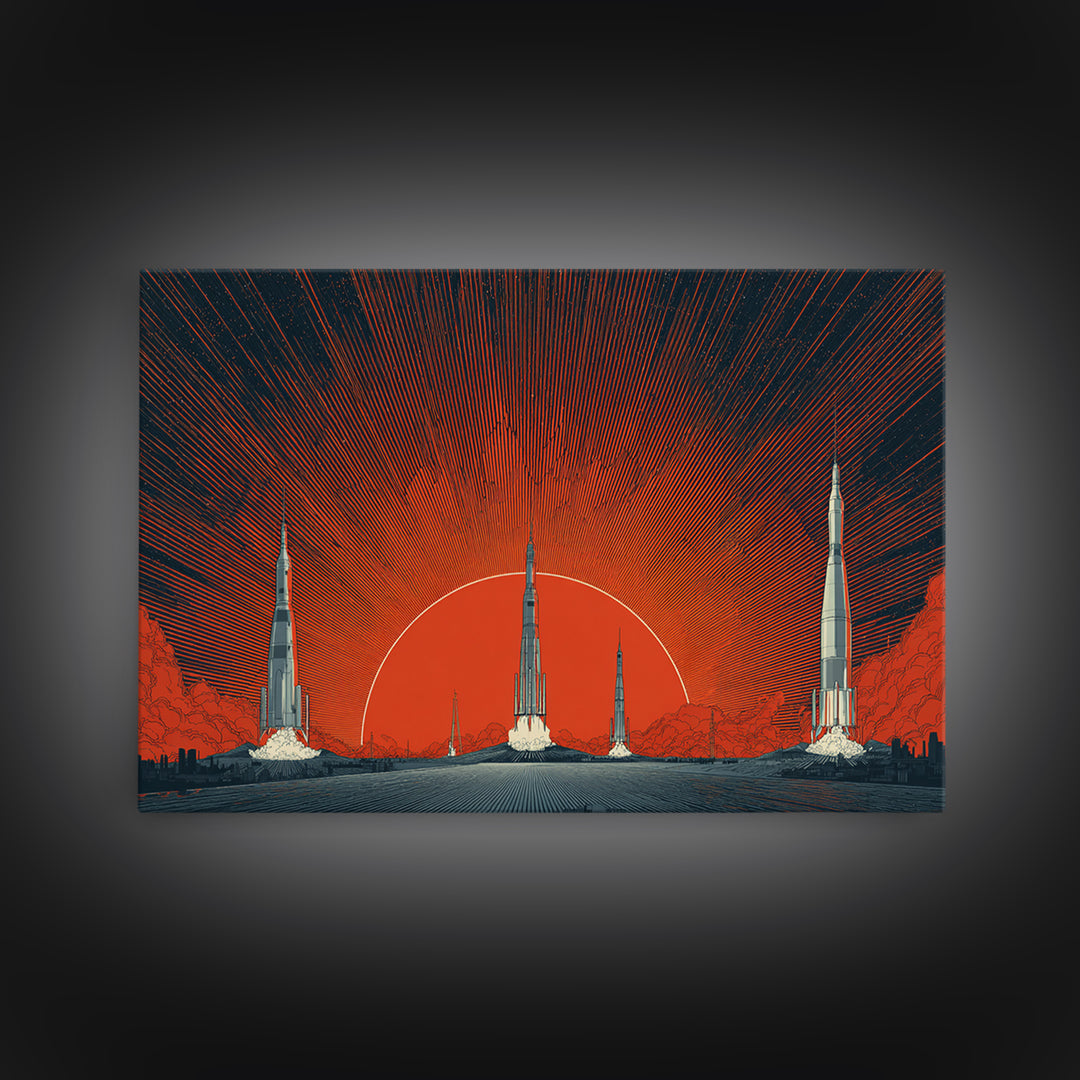 Rocket Sunscape Wall Art, Retro Futuristic Space Poster, Midcentury Modern Art Print, Large Atomic Orange MCM Wall Decor