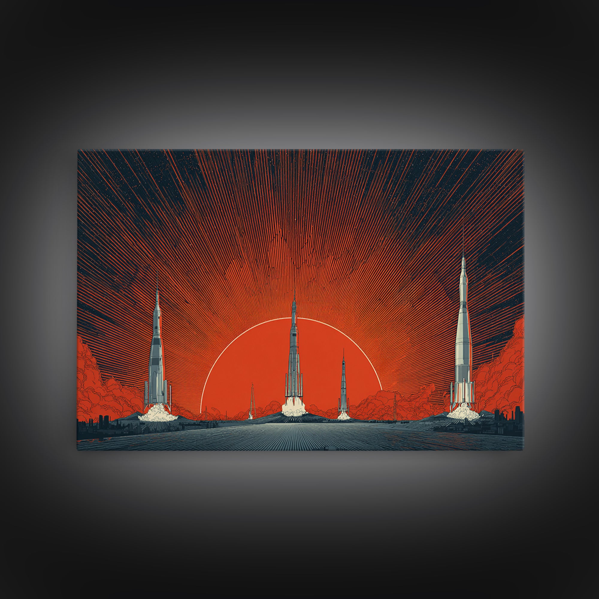 Rocket Sunscape Wall Art, Retro Futuristic Space Poster, Midcentury Modern Art Print, Large Atomic Orange MCM Wall Decor