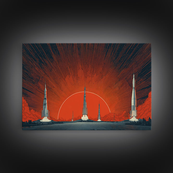Rocket Sunscape Wall Art, Retro Futuristic Space Poster, Midcentury Modern Art Print, Large Atomic Orange MCM Wall Decor