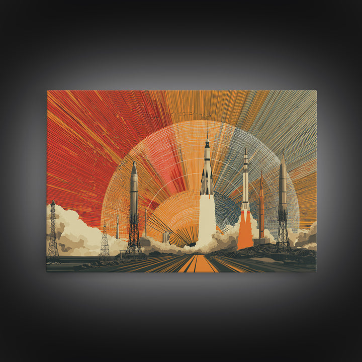 Rocket Launch Wall Art, Retro Space Race Poster, Midcentury Modern Art Print, Atomic Sunset Sci Fi Large MCM Office Decor