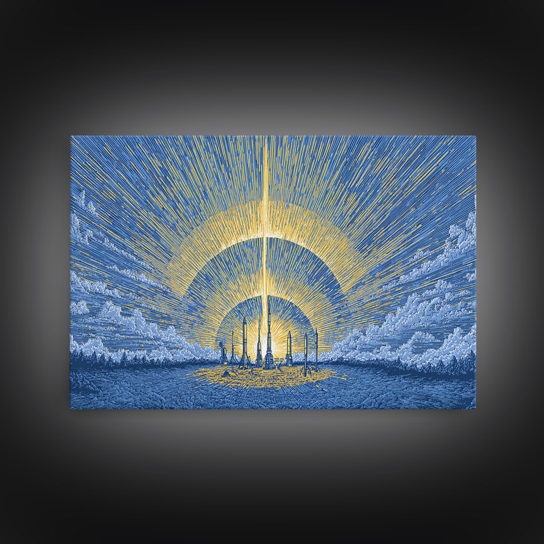 Blue Solar City Wall Art, Futuristic Sunrise Poster, Midcentury Modern Art Print, Retro Space Abstract Large MCM Home Decor
