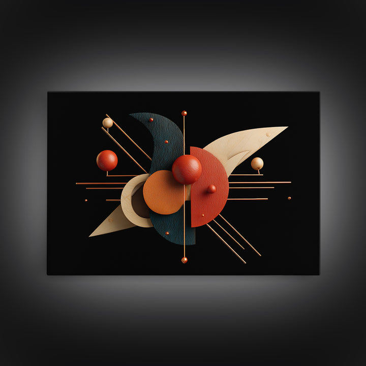 Atomic Sphere Sculpture Wall Art, Black Orange Geometric Canvas Print, Midcentury Modern Abstract Large Retro MCM Office Decor