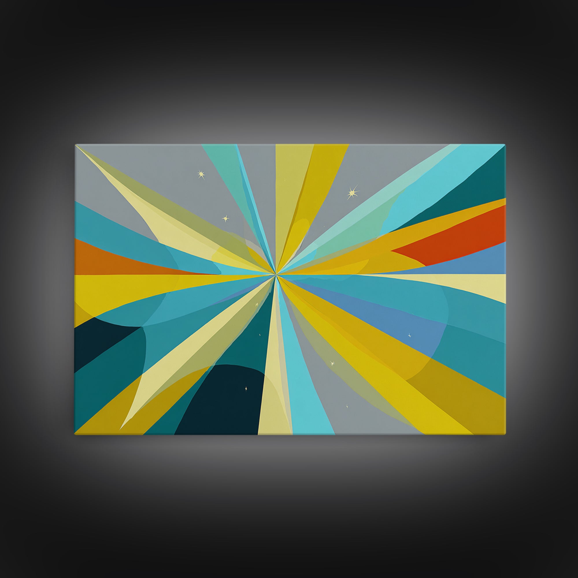 Radiant Starburst Wall Art, Blue Yellow Geometric Abstract Print, Midcentury Modern Decor, Retro MCM Large Living Room Decor