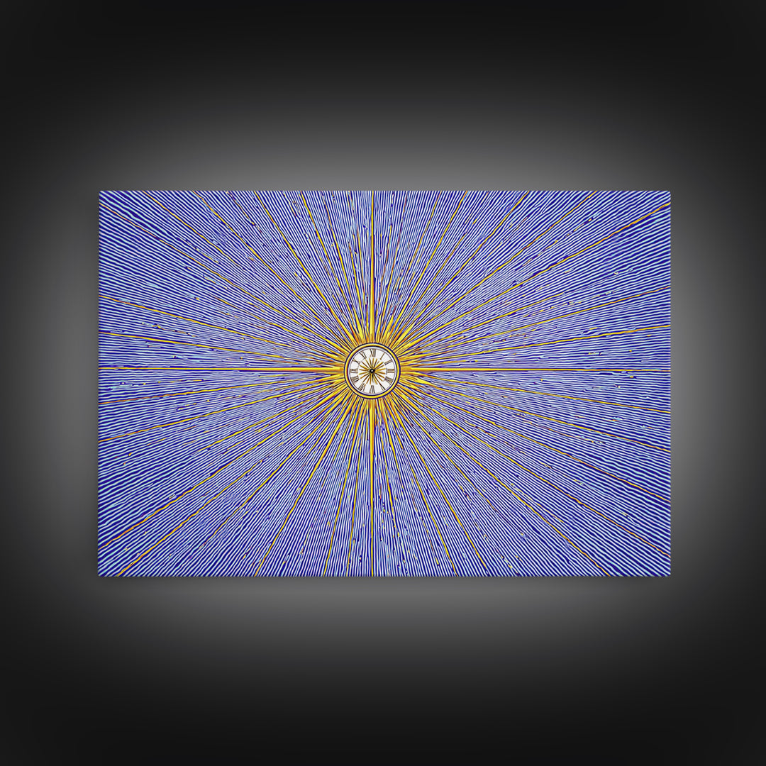 Blue Gold Radial Starburst Clock Canvas Print, Mid Century Modern Wall Decor, Atomic Retro Art Print, MCM Home Decor, Living Room Artwork