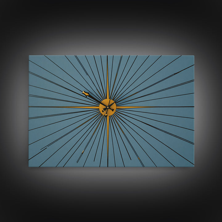 Minimal Gold Starburst Clock On Teal Wall Art, Mid Century Modern Decor, Atomic Geometric Art Print, Retro MCM Poster, Home Office Decor