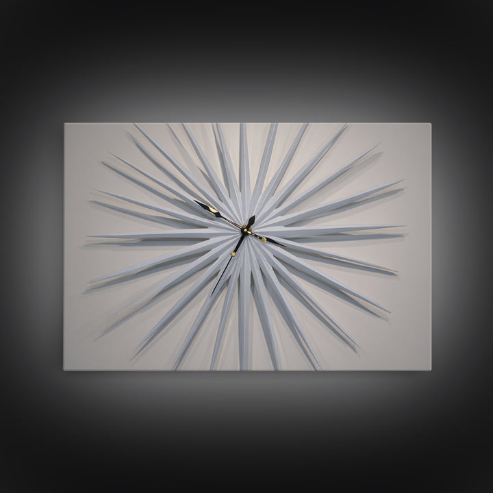 White Sculptural Starburst Clock Framed Canvas Print, Mid Century Modern Wall Decor, Minimalist MCM Art For Bedroom, Living Room Decor