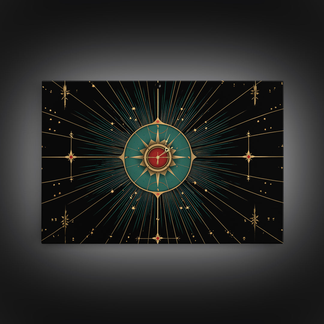 Celestial Teal Compass Clock Framed Canvas Print, Mid Century Modern Wall Decor, Atomic Starburst Art, Retro MCM Poster Print