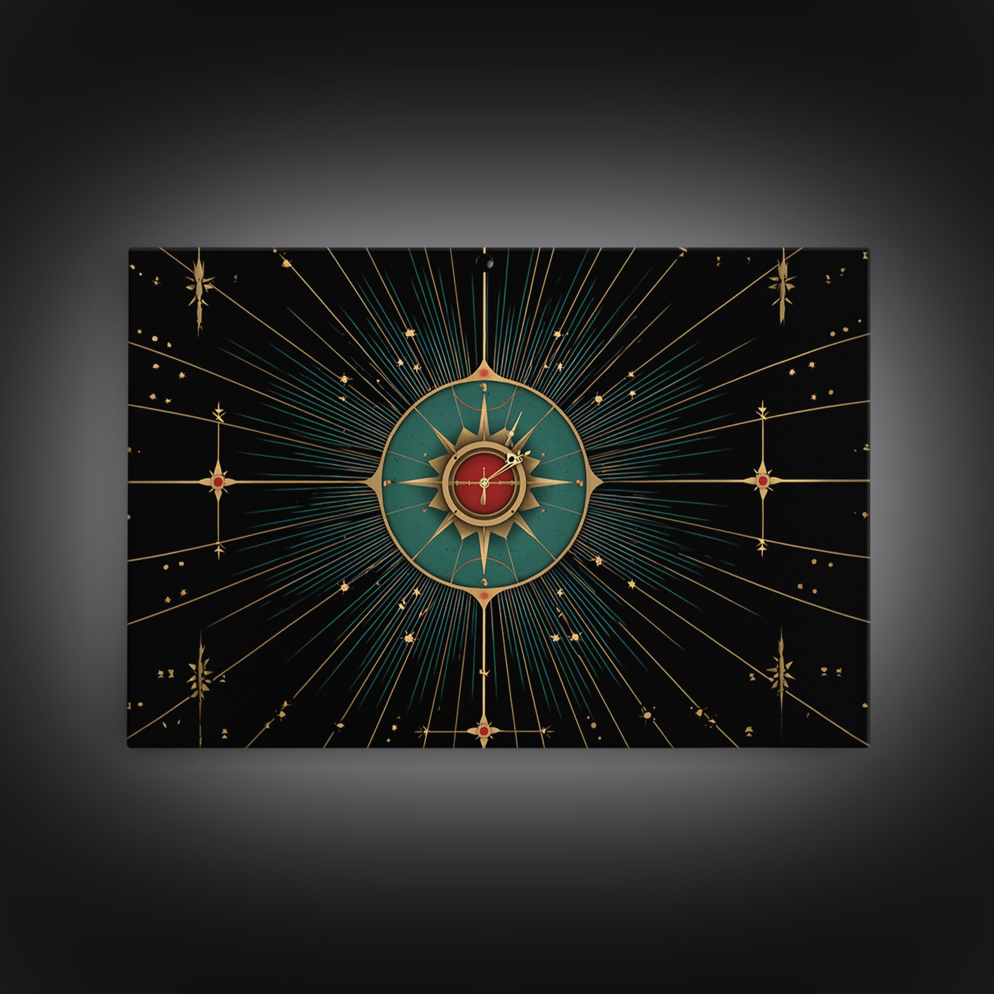 Celestial Teal Compass Clock Framed Canvas Print, Mid Century Modern Wall Decor, Atomic Starburst Art, Retro MCM Poster Print