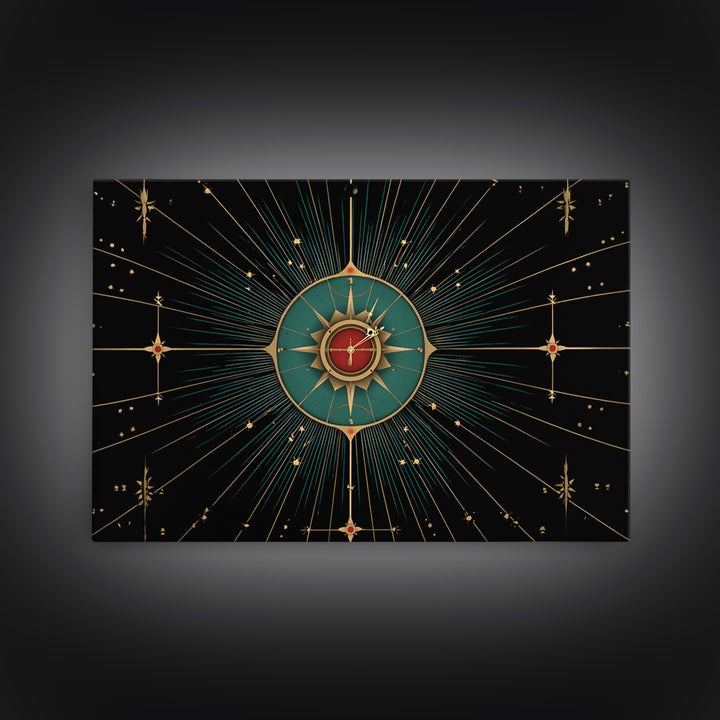 Celestial Teal Compass Clock Framed Canvas Print, Mid Century Modern Wall Decor, Atomic Starburst Art, Retro MCM Poster Print