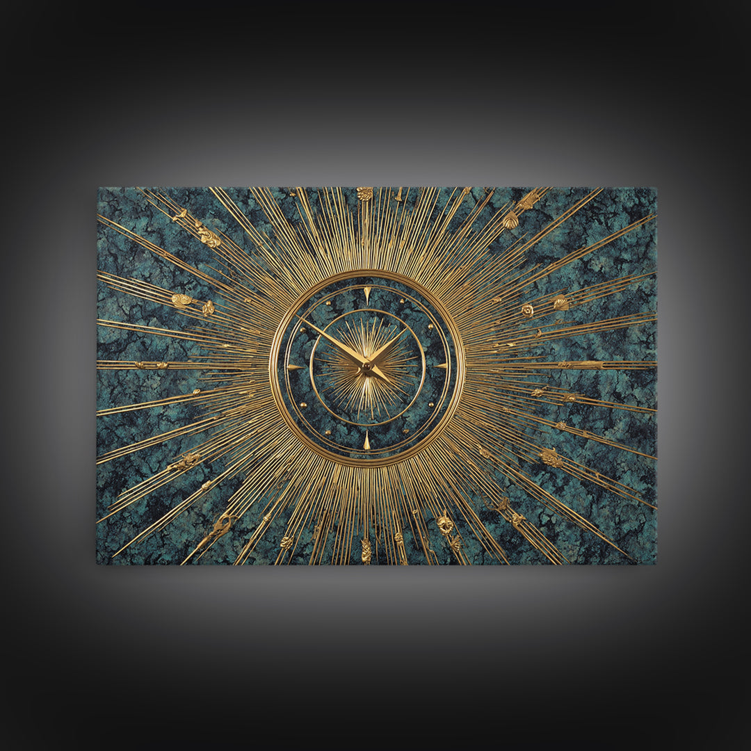 Ornate Gold Starburst Clock On Blue Wall Art, Mid Century Modern Decor, Atomic Art Deco Poster, Elegant MCM Art Print, Home Decor