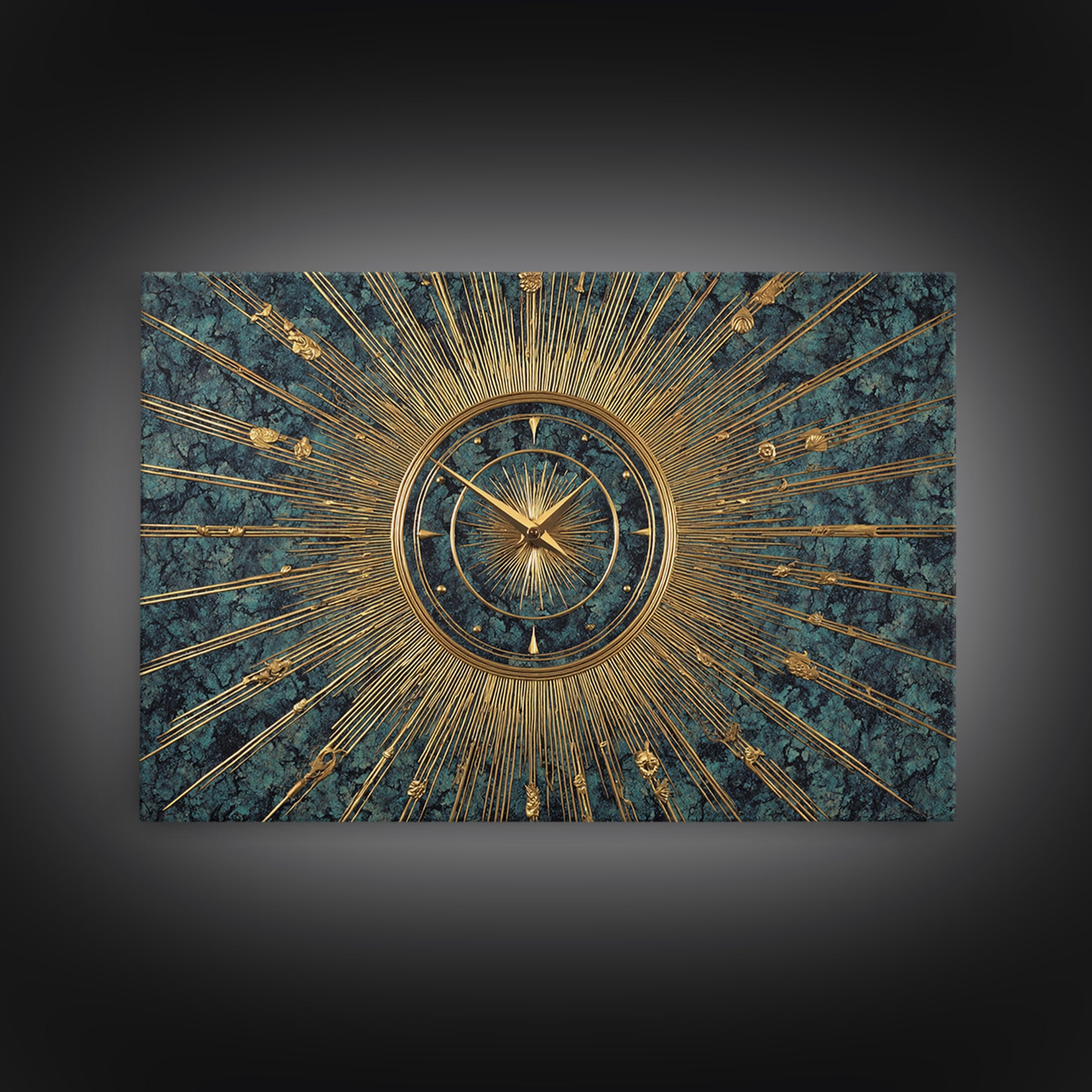 Ornate Gold Starburst Clock On Blue Wall Art, Mid Century Modern Decor, Atomic Art Deco Poster, Elegant MCM Art Print, Home Decor