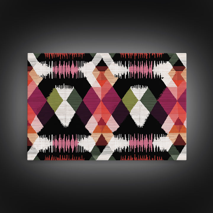 Colorful Diamond Ikat Pattern Framed Canvas Print, Retro Geometric Wall Art, Boho Mid Century Decor, Bold Abstract Poster