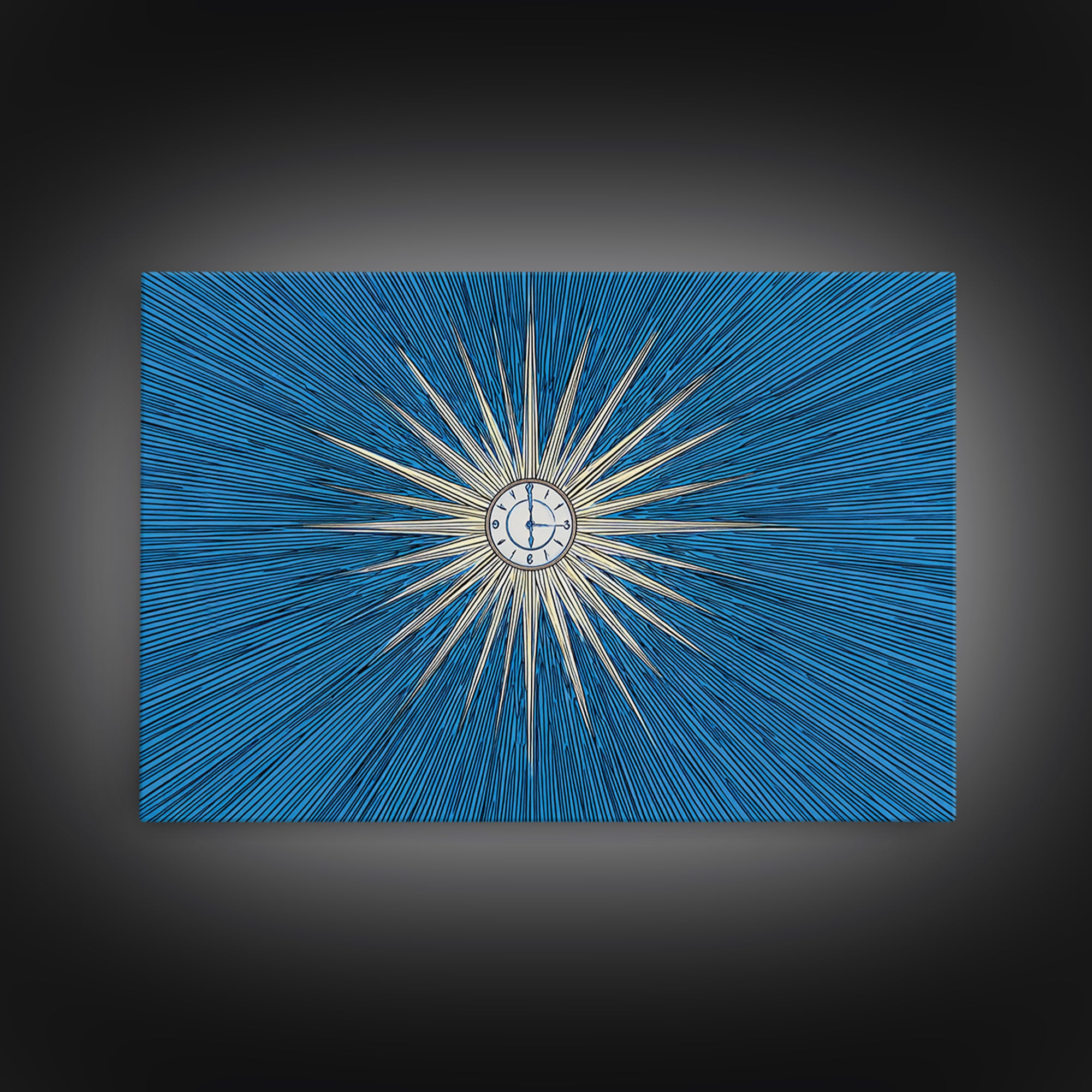 Blue White Radial Starburst Clock Canvas Print, Mid Century Modern Wall Decor, Atomic Retro Art Print, MCM Home Office Decor