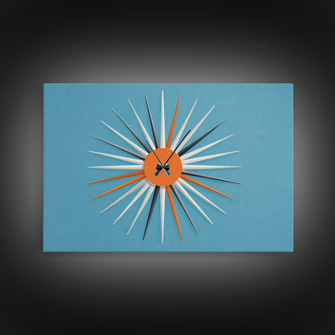 Orange Sunburst Clock On Blue Wall Art, Midcentury Modern Art, Atomic Starburst Print, Retro Wall Decor For Living Room Art