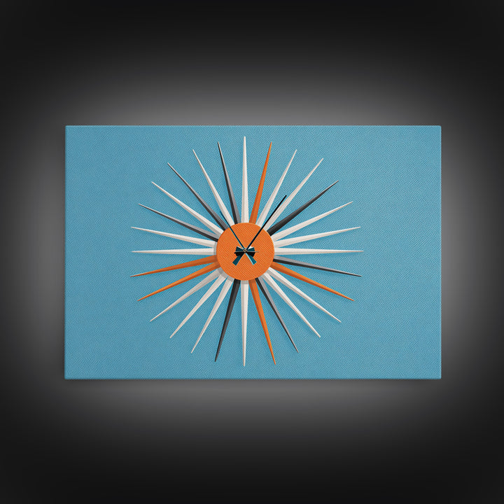 Orange Sunburst Clock On Blue Wall Art, Midcentury Modern Art, Atomic Starburst Print, Retro Wall Decor For Living Room Art