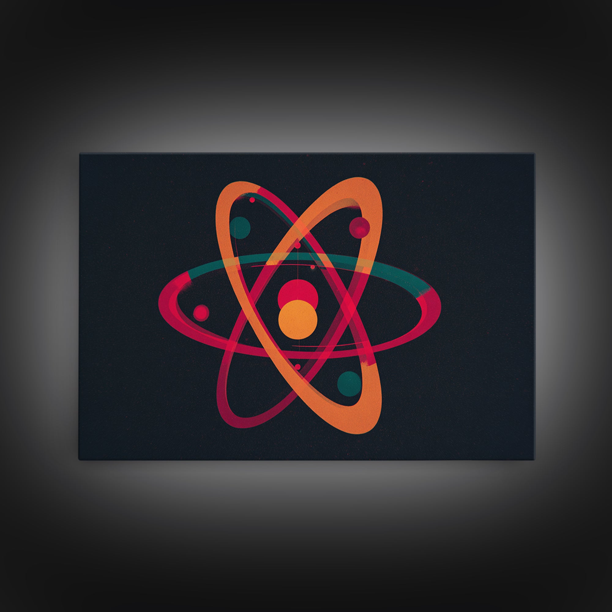 Retro Atomic Orbit On Black Canvas Print, Midcentury Modern Art, Space Abstract Art, MCM Wall Decor For Home Office Or Den