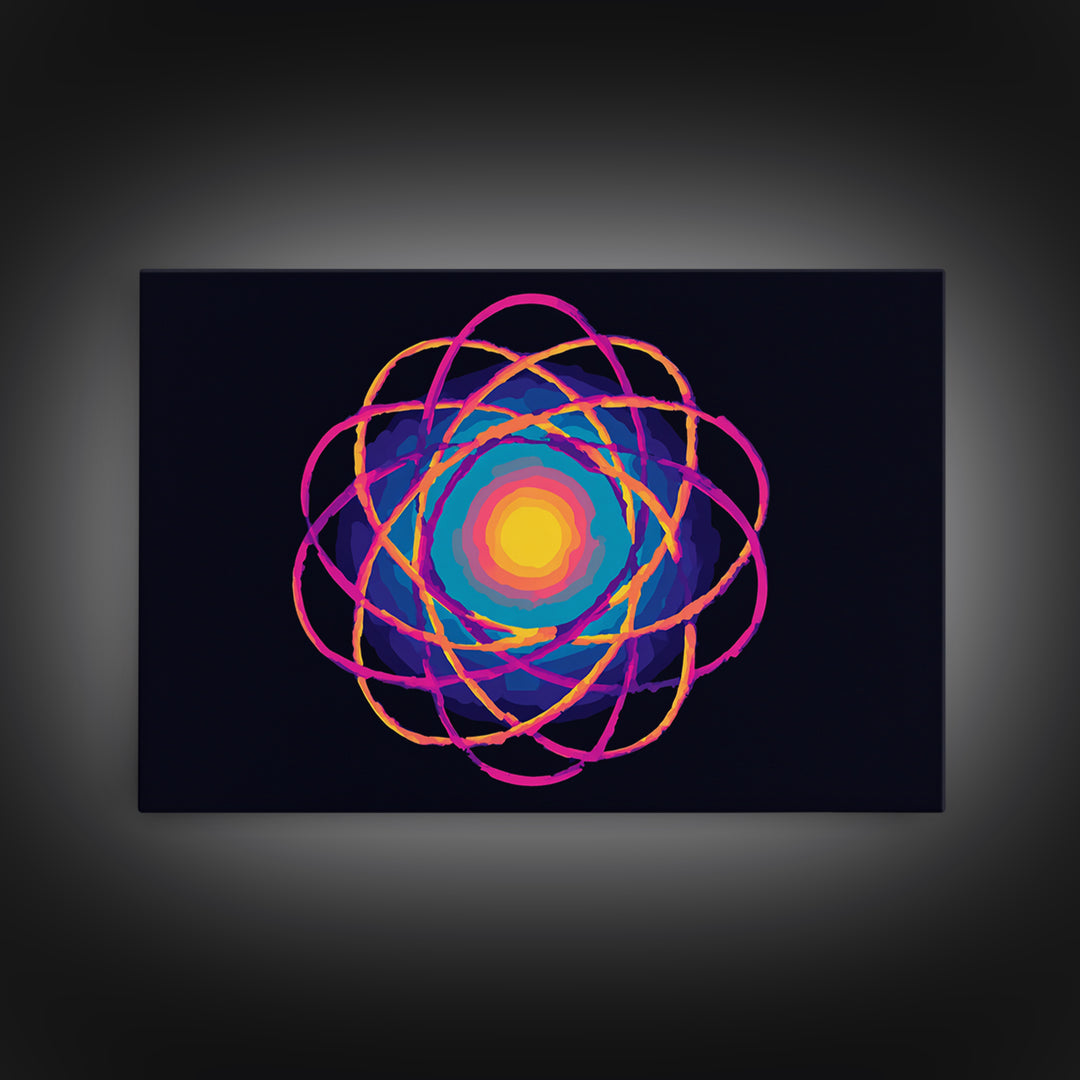 Glowing Rainbow Atom On Navy Framed Canvas Print, Bright Abstract Art, Modern Wall Art, Colorful Sci Fi Retro Poster Print