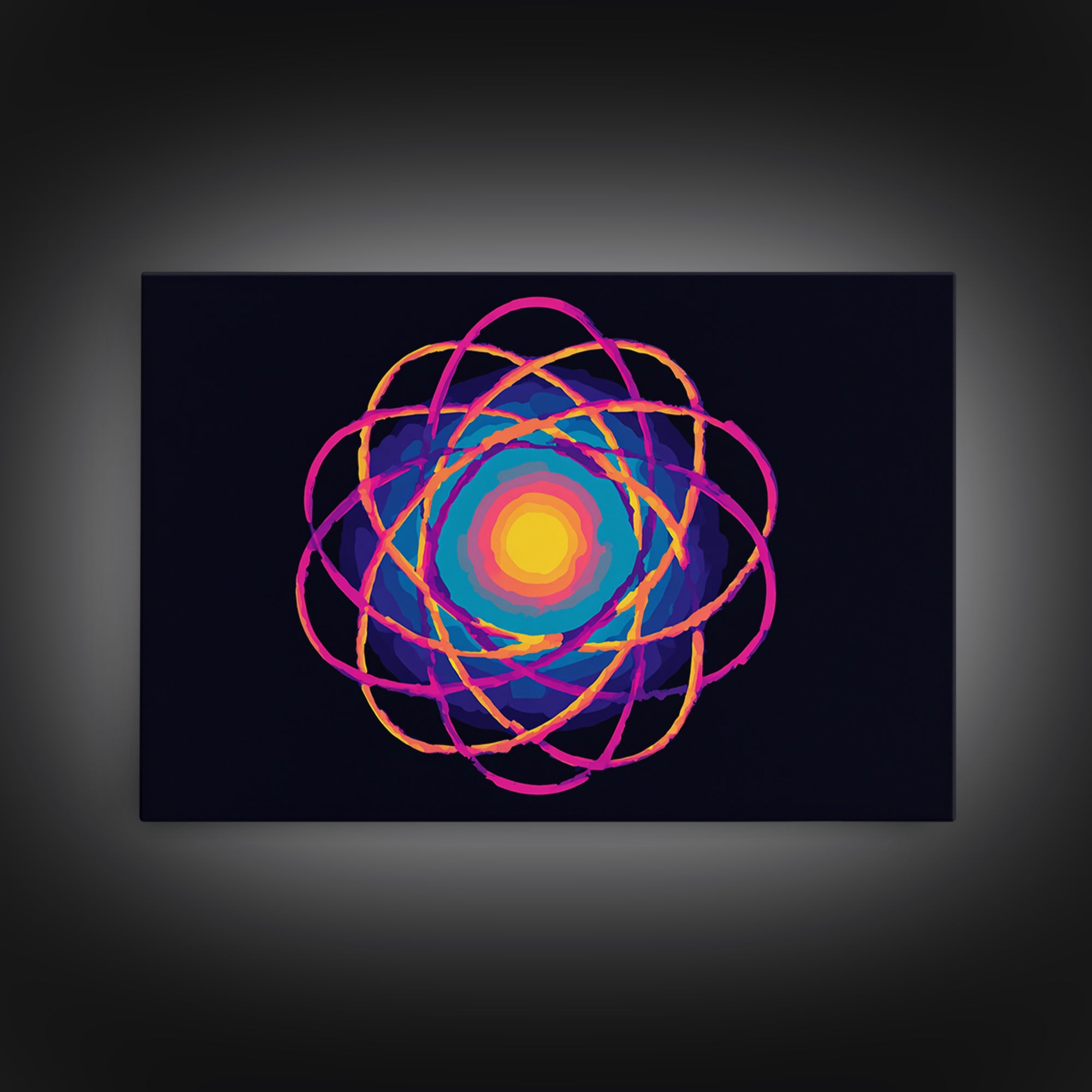 Glowing Rainbow Atom On Navy Framed Canvas Print, Bright Abstract Art, Modern Wall Art, Colorful Sci Fi Retro Poster Print