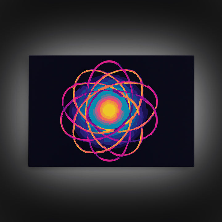 Glowing Rainbow Atom On Navy Framed Canvas Print, Bright Abstract Art, Modern Wall Art, Colorful Sci Fi Retro Poster Print