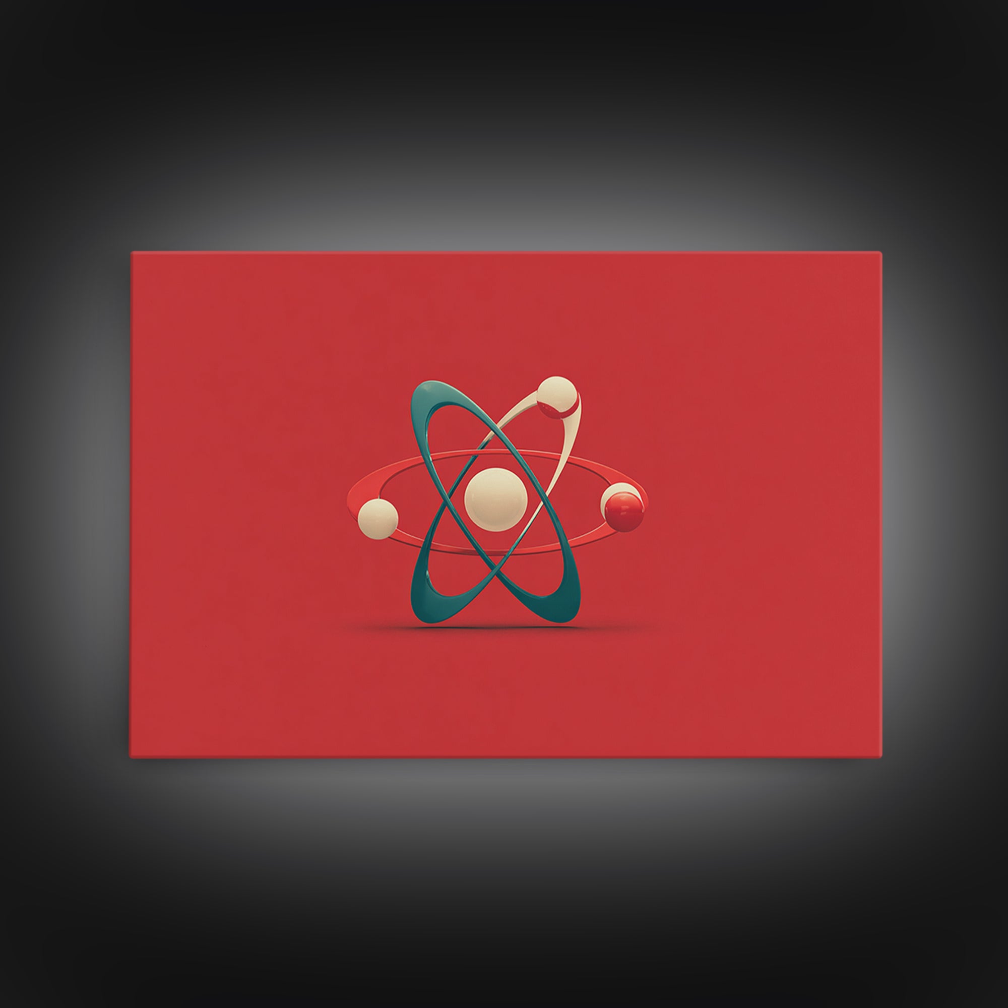 Minimal 3D Atom Sculpture On Red Canvas Print, Midcentury Modern Art, Retro Science Poster, Modern Wall Decor Gift For Him