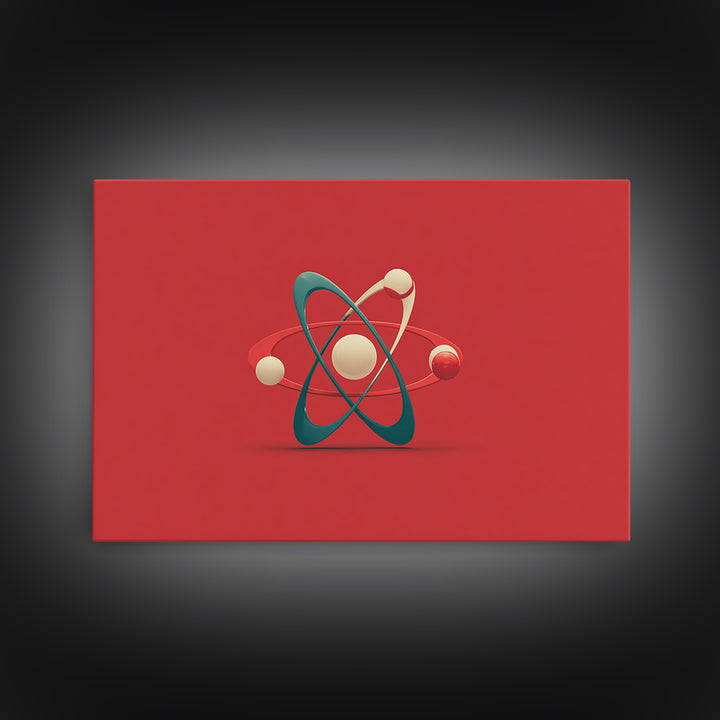 Minimal 3D Atom Sculpture On Red Canvas Print, Midcentury Modern Art, Retro Science Poster, Modern Wall Decor Gift For Him