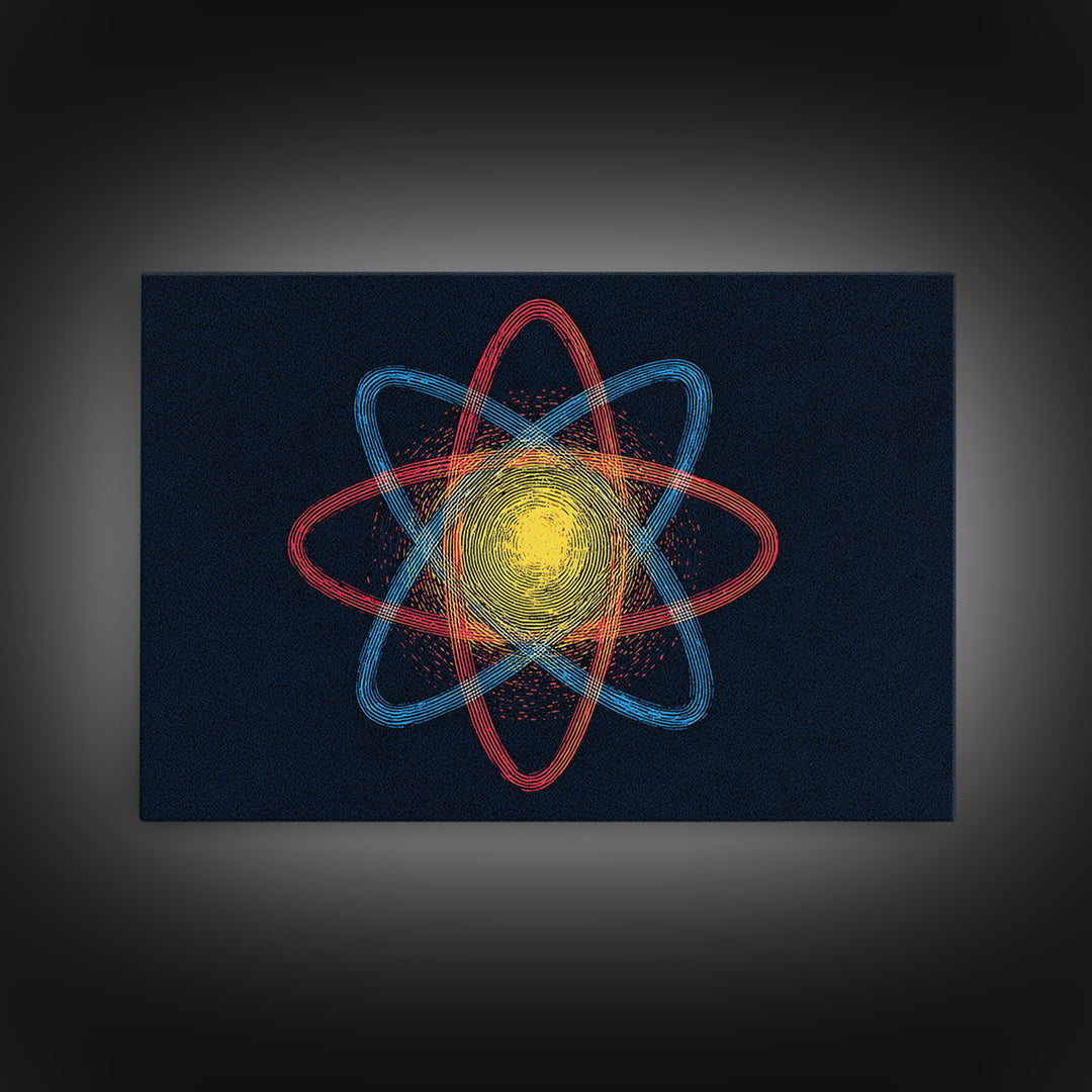 Etched Yellow Atom On Dark Blue Canvas Print, Atomic Retro Art, Midcentury Wall Art, Space Abstract Art For Office Decor