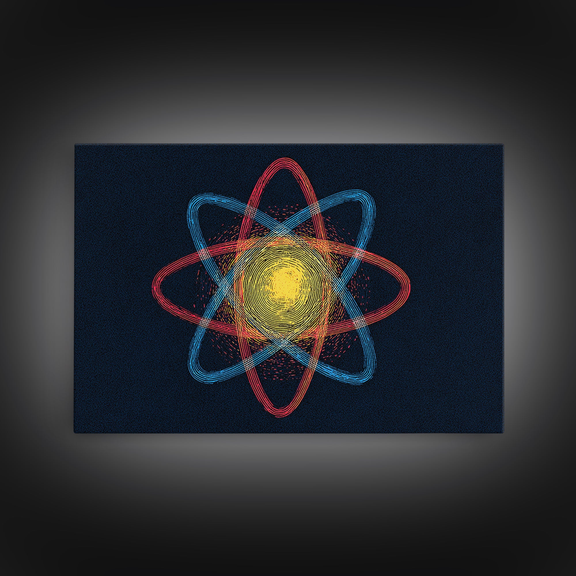 Etched Yellow Atom On Dark Blue Canvas Print, Atomic Retro Art, Midcentury Wall Art, Space Abstract Art For Office Decor