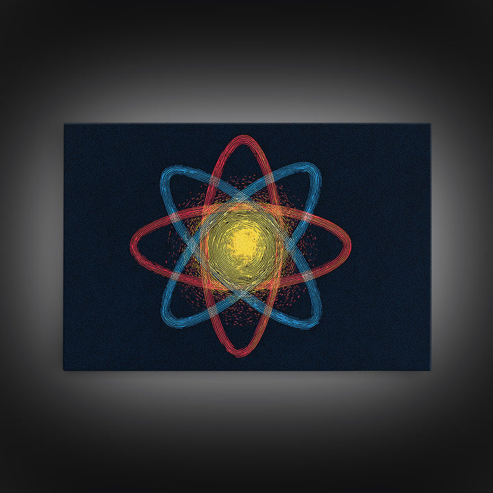Etched Yellow Atom On Dark Blue Canvas Print, Atomic Retro Art, Midcentury Wall Art, Space Abstract Art For Office Decor