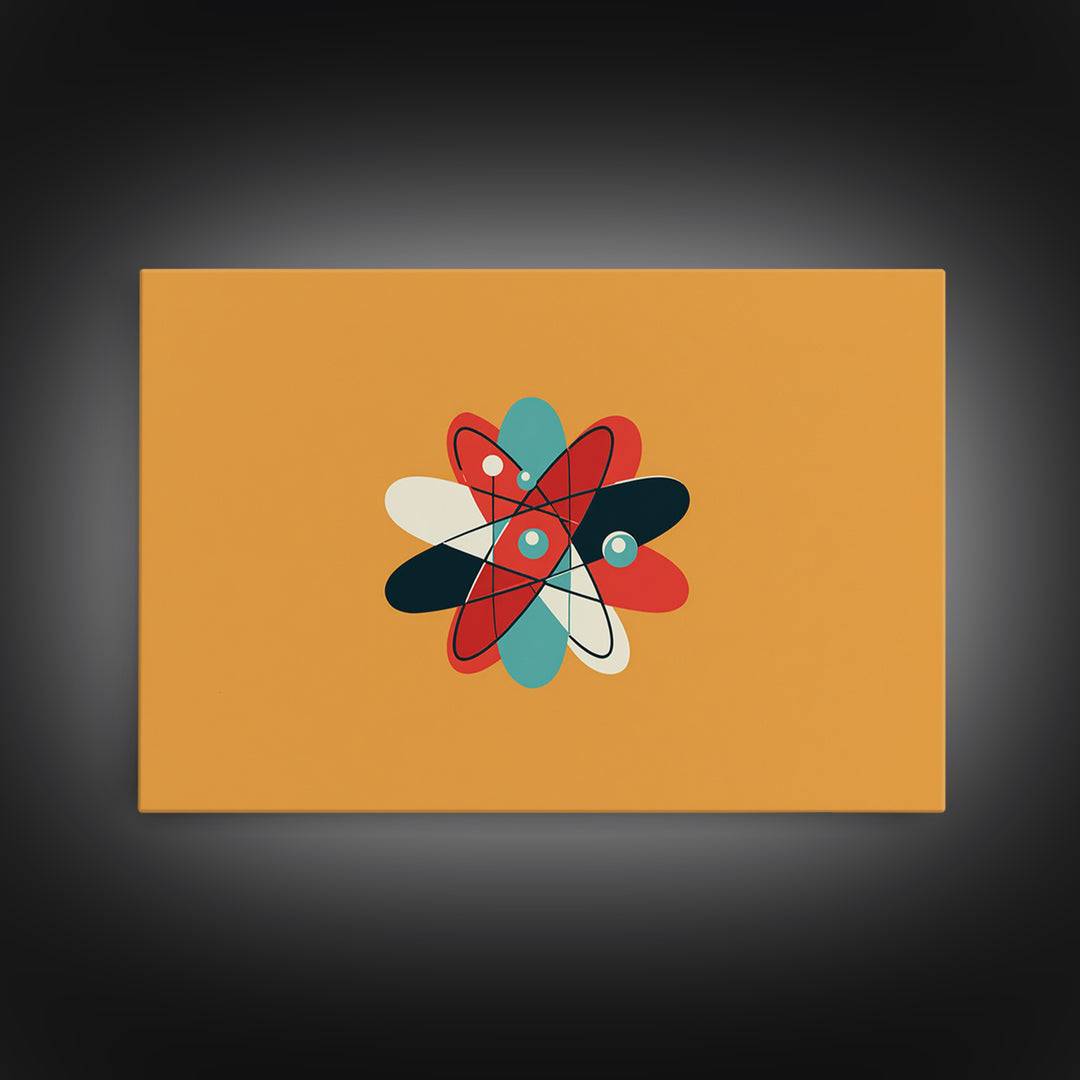 Flat Atomic Flower On Mustard Wall Art, Midcentury Modern Art, Geometric Poster, Retro Wall Decor For Kids Room And Nursery