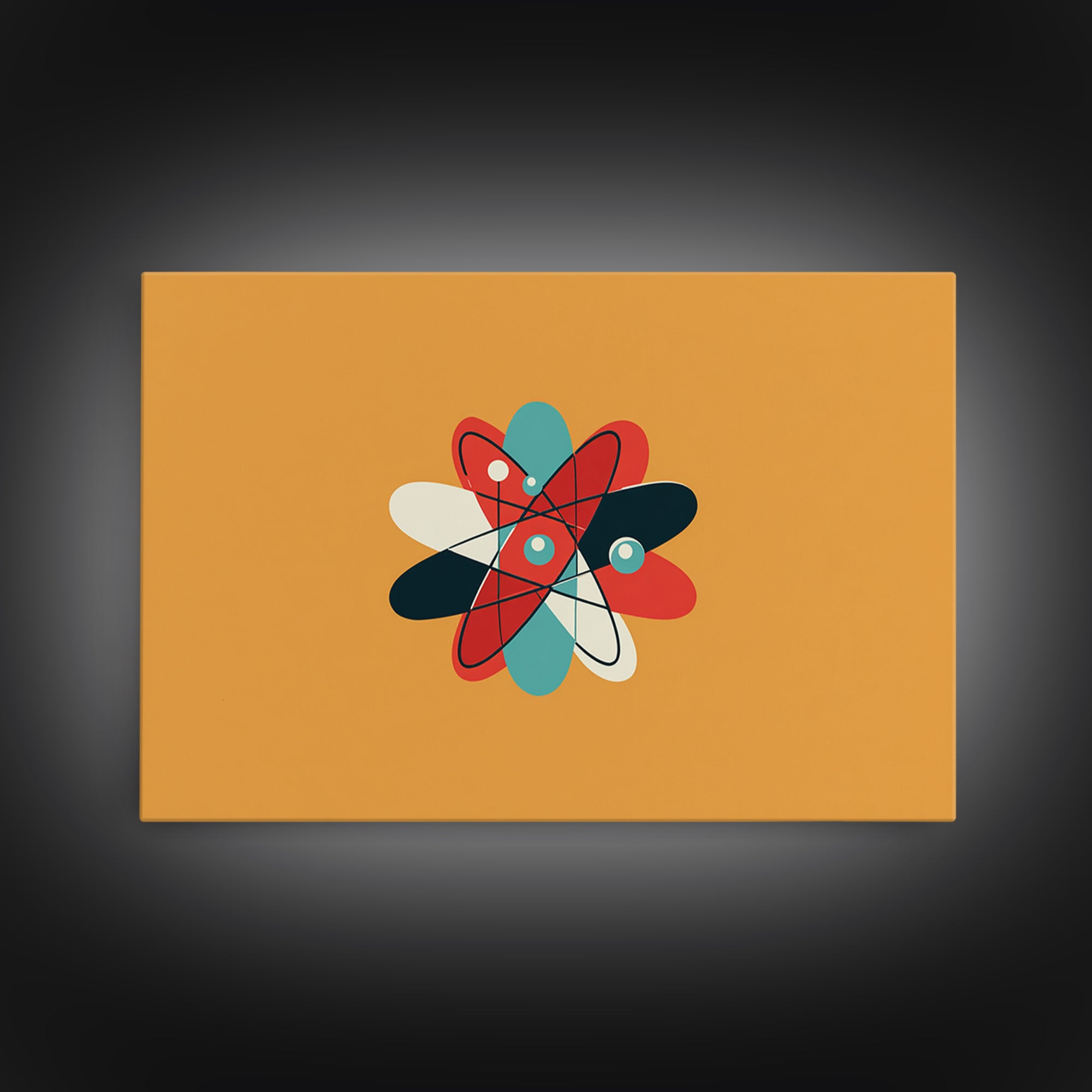 Flat Atomic Flower On Mustard Wall Art, Midcentury Modern Art, Geometric Poster, Retro Wall Decor For Kids Room And Nursery
